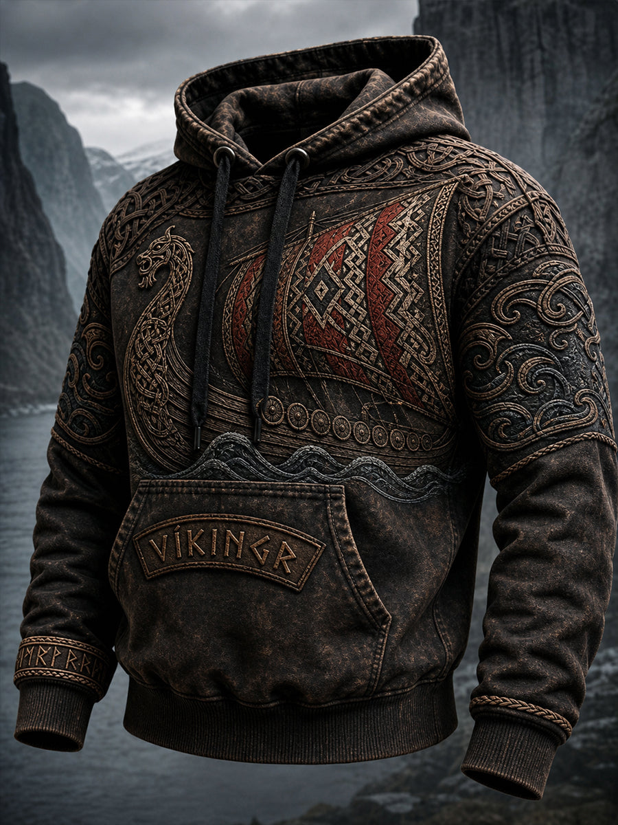 Retro vikingkulturel kunsttryk afslappet behageligt sweatshirt med hætte
