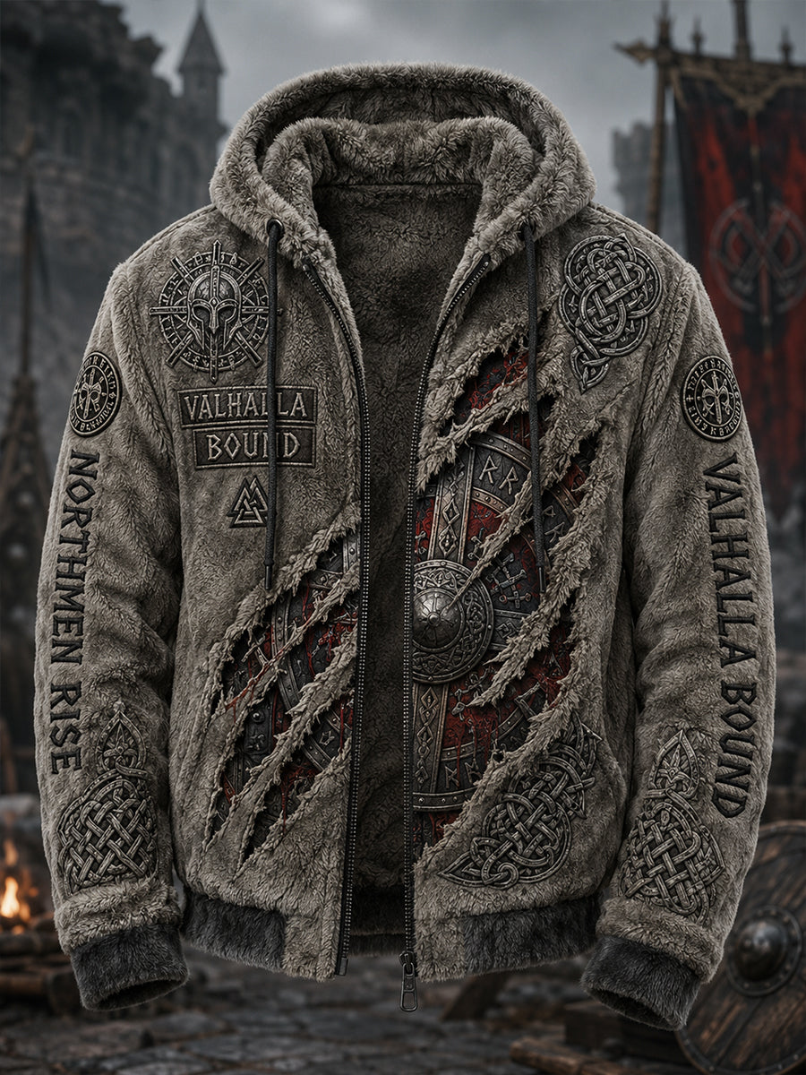 Mænds flannel-hættetrøje i vintagestil med vikingeinspireret print