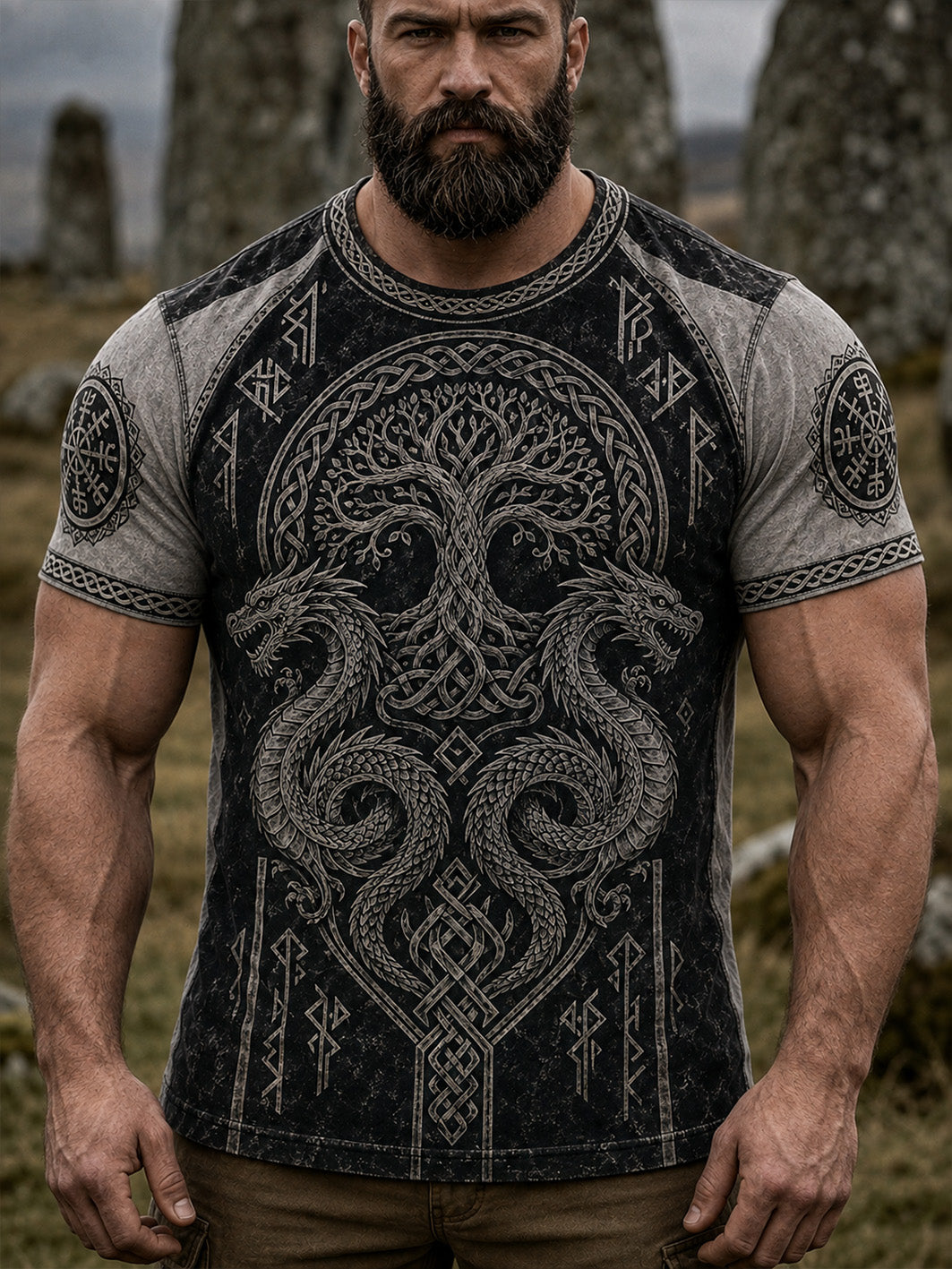 Mænds retro Viking mønster design afslappet korte ærmer t-shirt