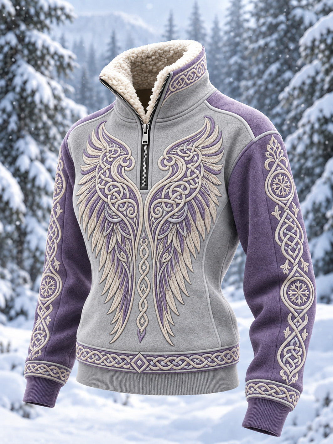 Kvinders retro top i vikingestil med mønster og casual pelskrave