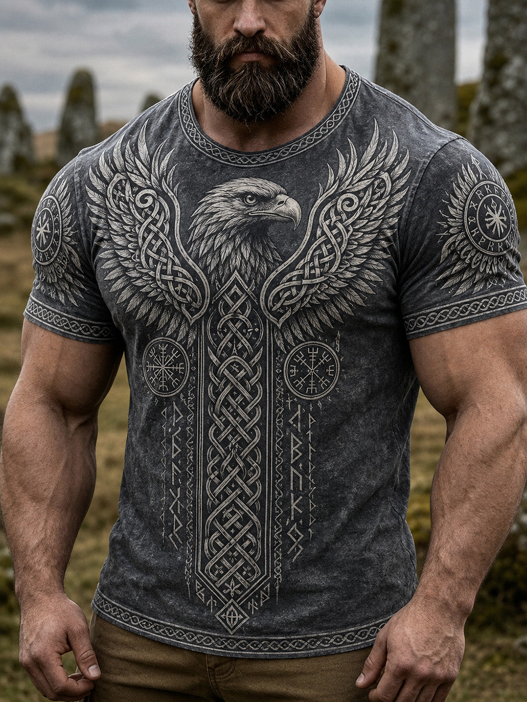 Mænds retro vikingestil afslappet T-shirt med korte ærmer