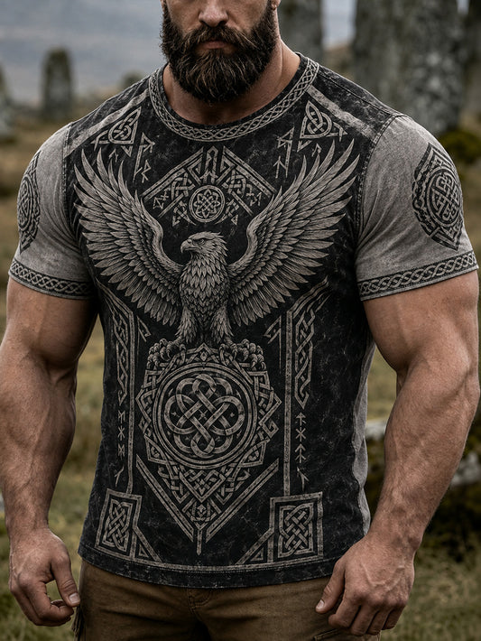Mænds retro vikingemønstret design afslappet t-shirt med korte ærmer