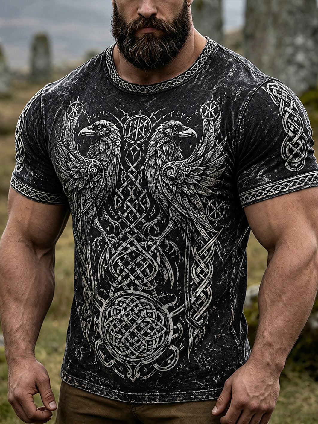 Mænds retro vikingestil afslappet T-shirt med korte ærmer