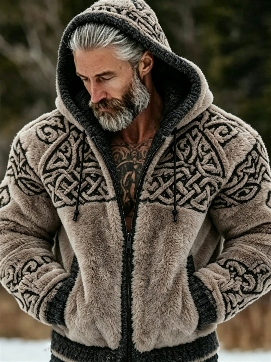 Mænds vintage vikingekeltisk knudeprint flannel-hættetrøje med fuld lynlås og behagelig pasform