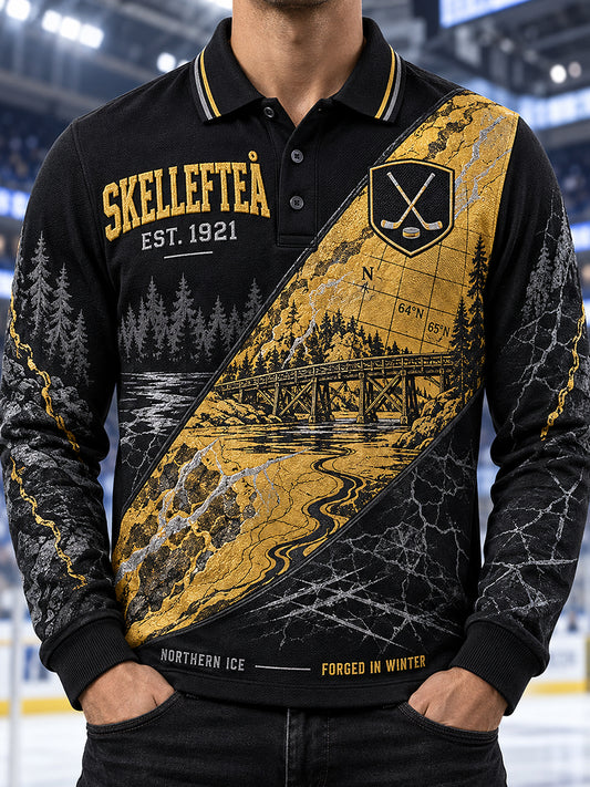 Herrpolskjorta i piké med långa ärmar från Skellefteå, tryckt design