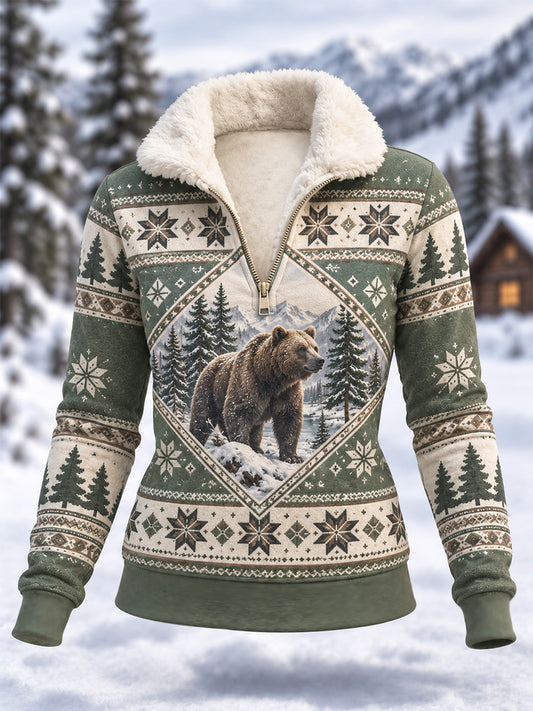 Kvinders vinterfleece-hættetrøje med snebjørnemotiv – casual stil