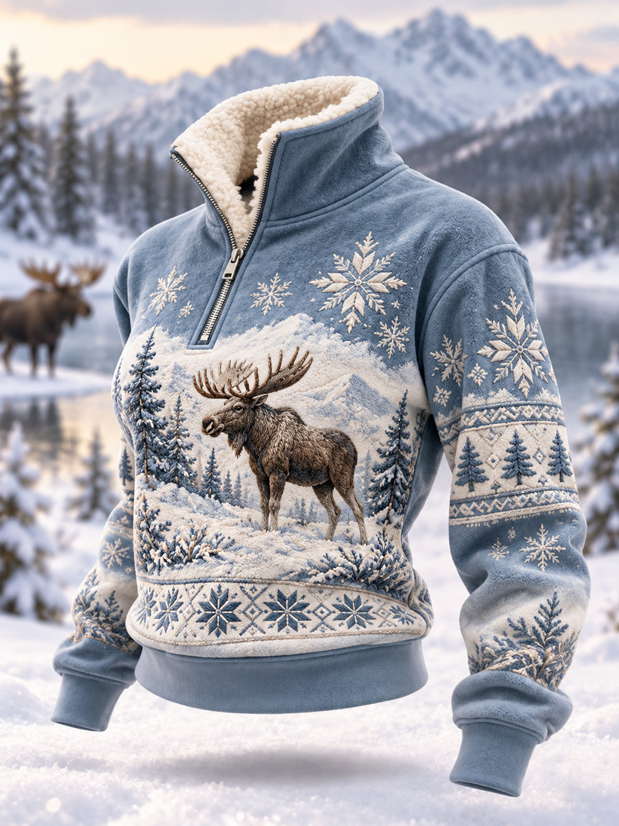 Kvinders vinter Moose Print Casual Plush lynlås Pullover