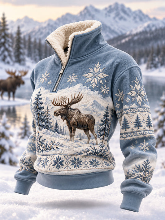 Kvinders vinter Moose Print Casual Plush lynlås Pullover