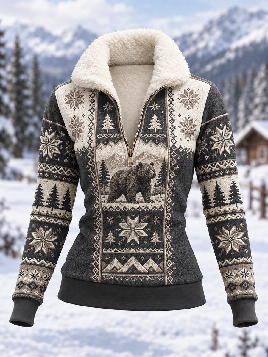 Kvinders vinterfleece-hættetrøje med snebjørnemotiv – casual stil