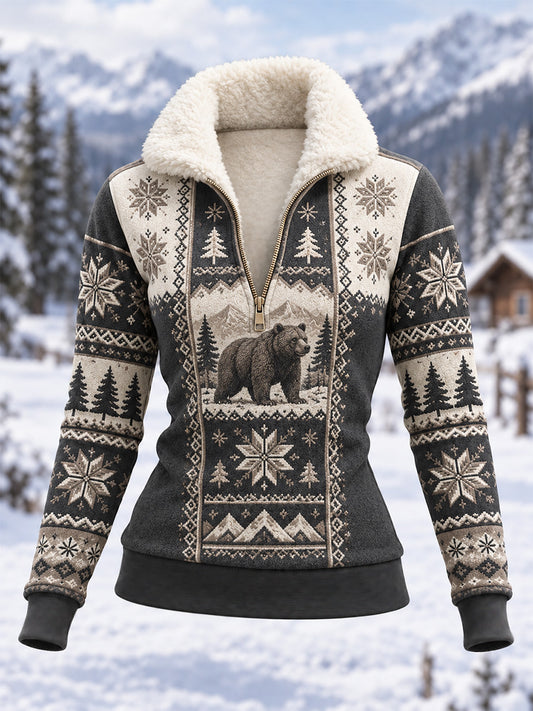 Kvinders vinterfleece-hættetrøje med snebjørnemotiv – casual stil