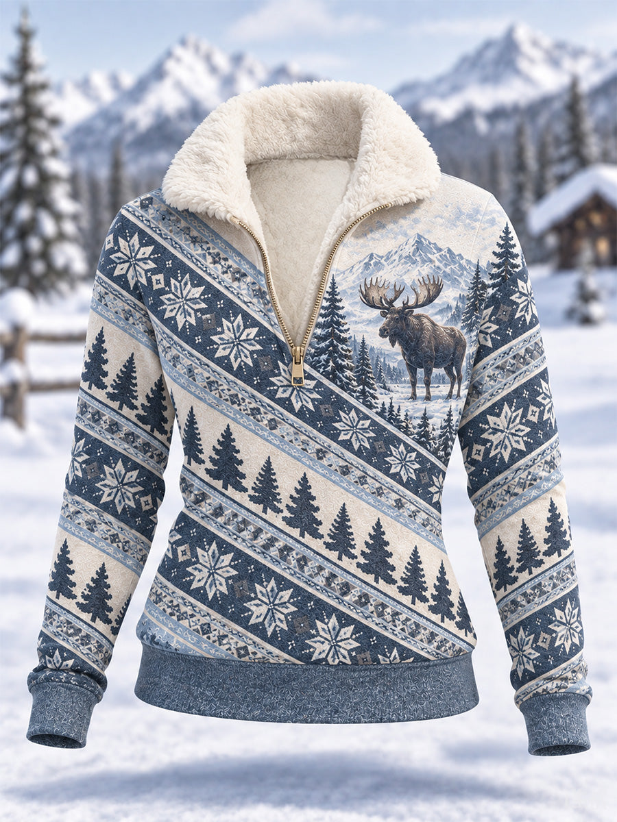 Kvinders vinter-hoodie i fleecemateriale med elgprint og kompositdesign til daglig brug