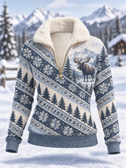 Kvinders vinter-hoodie i fleecemateriale med elgprint og kompositdesign til daglig brug