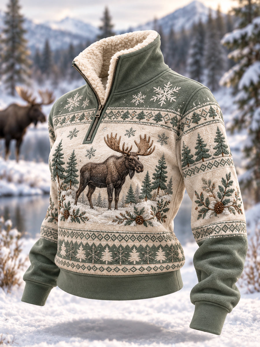 Kvinders vintermønstret casual plys-pullover med lynlås og elgprint
