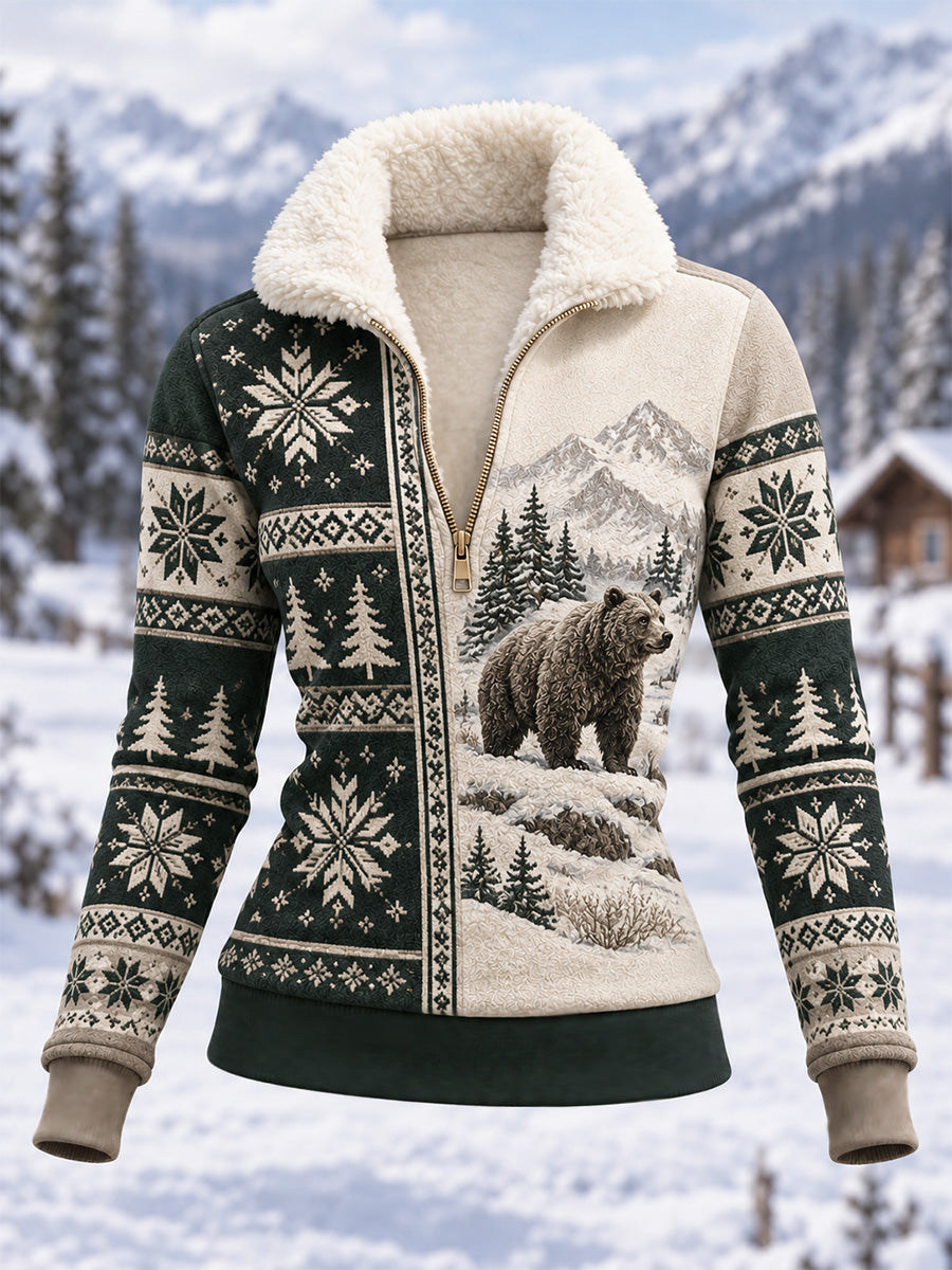 Kvinders vinterfleece-hættetrøje med snebjørnemotiv – casual stil