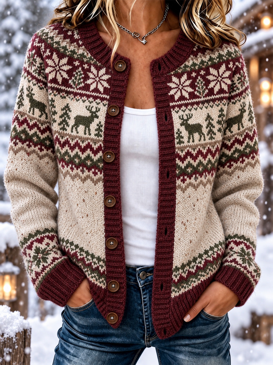 Kvinders Nordic Style Elk Mønster Casual Cardigan-Style Strik jakken