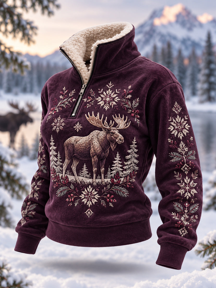 Kvinders vintermønstret casual plys-pullover med lynlås og elgprint