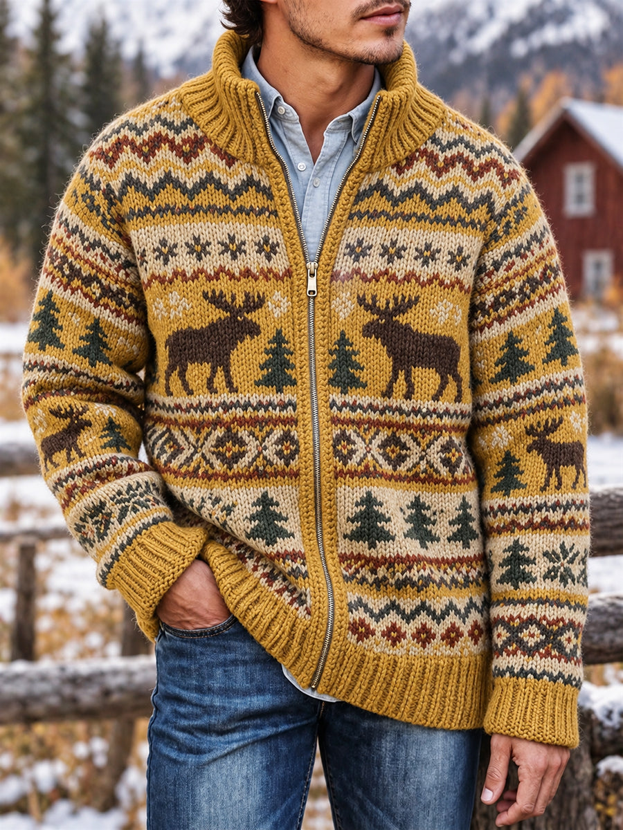 Mænds Vintage Vintage Moose Isle Print Zip-Up Strik jakken