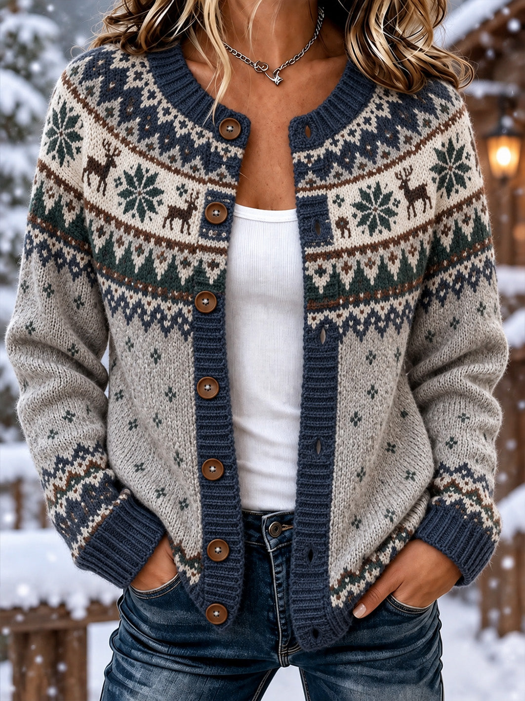 Kvindernes nordiske stil elg mønster afslappet cardigan-stil strikket jakke