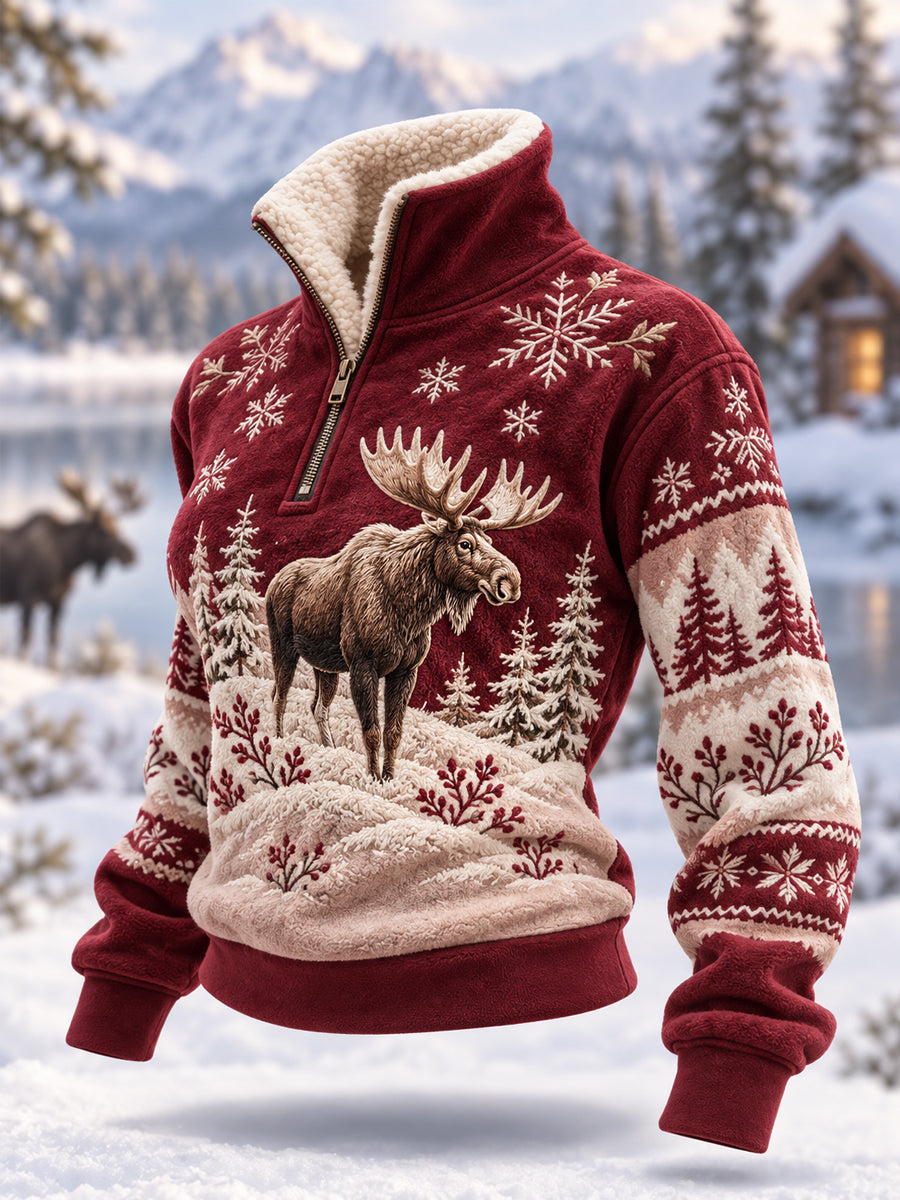 Kvinders vintermønstret casual plys-pullover med lynlås og elgprint