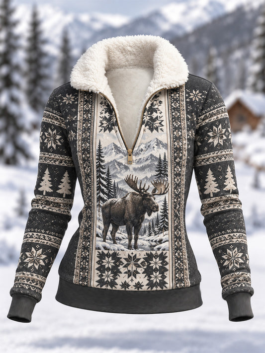 Kvinders vinter-hoodie i fleecemateriale med elgprint og kompositdesign til daglig brug