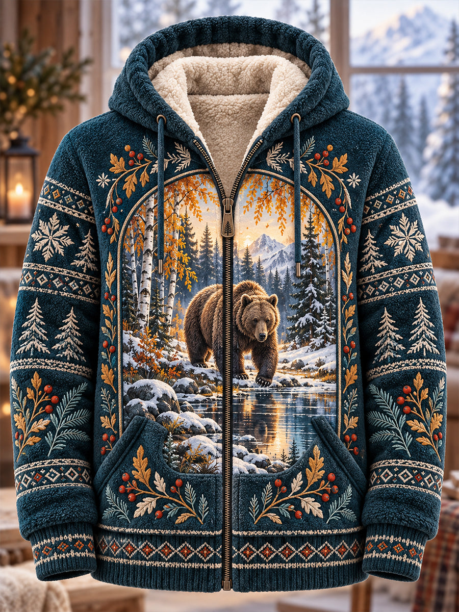 Mænds Nordic Forest Dyr Flannel Hooded Jacke