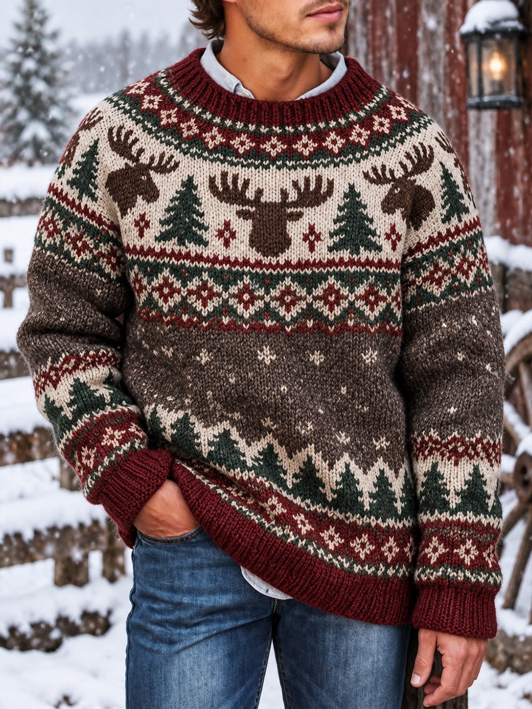 Mænds nordisk stil elg mønster afslappet imiteret sweater