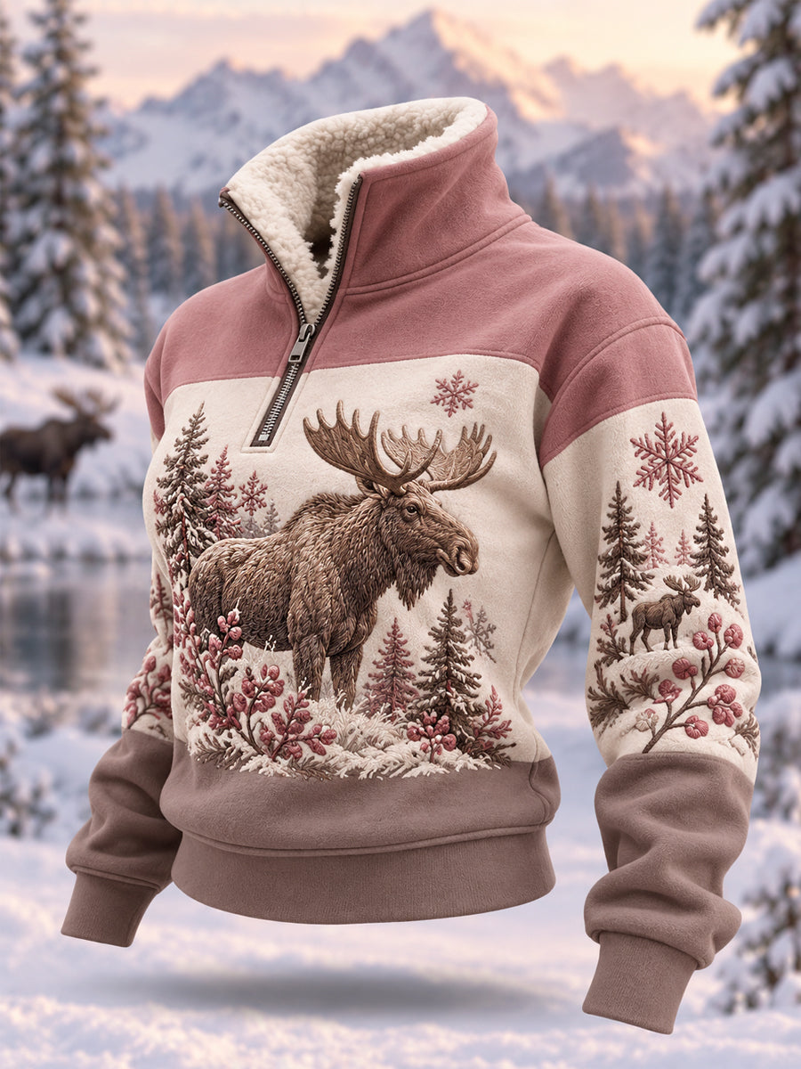 Kvinders vintermønstret casual plys-pullover med lynlås og elgprint