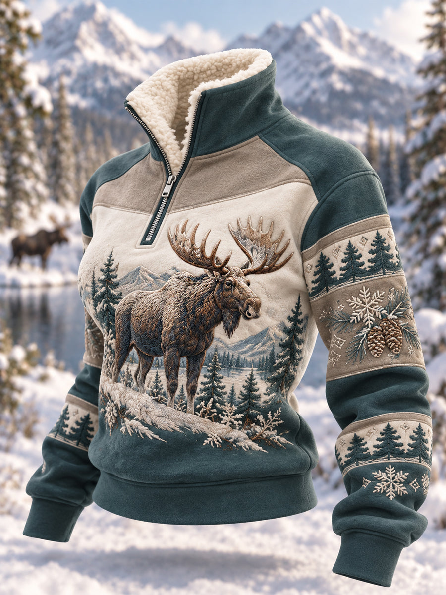 Kvinders vintermønstret casual plys-pullover med lynlås og elgprint