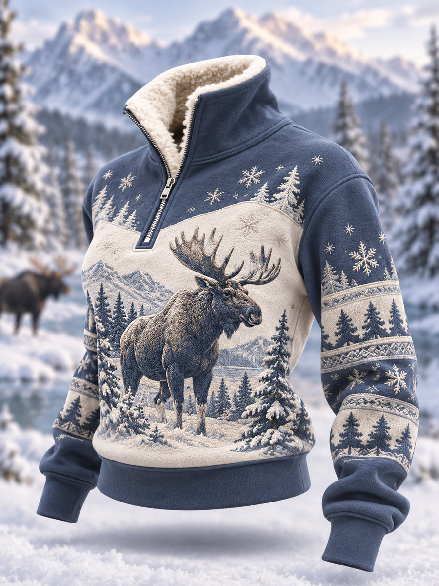 Kvinders vintermønstret casual plys-pullover med lynlås og elgprint