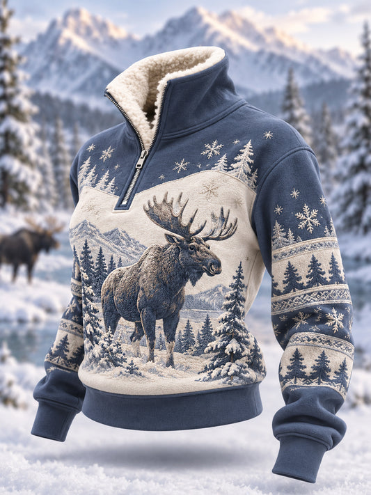 Kvinders vintermønstret casual plys-pullover med lynlås og elgprint
