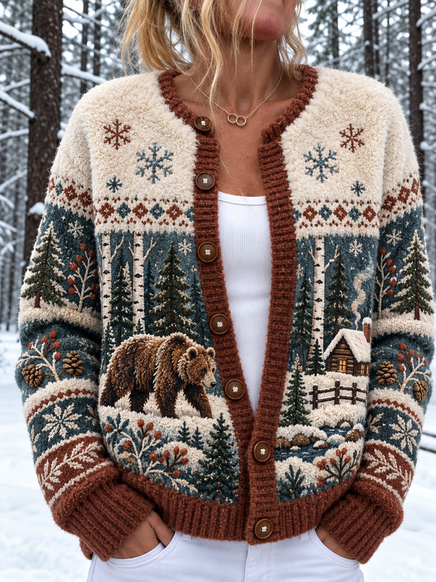 Kvinder Nordic Forest Dyr Print Knap Cardigan