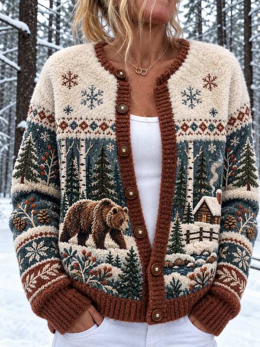Kvinder Nordic Forest Dyr Print Knap Cardigan