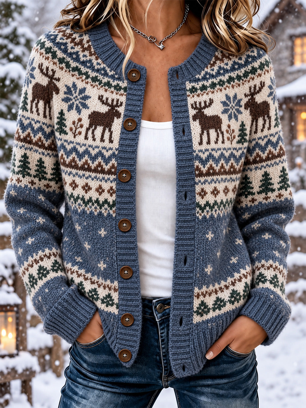 Kvindernes nordiske stil elg mønster afslappet cardigan-stil strikket jakke