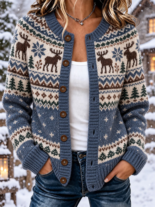 Kvindernes nordiske stil elg mønster afslappet cardigan-stil strikket jakke