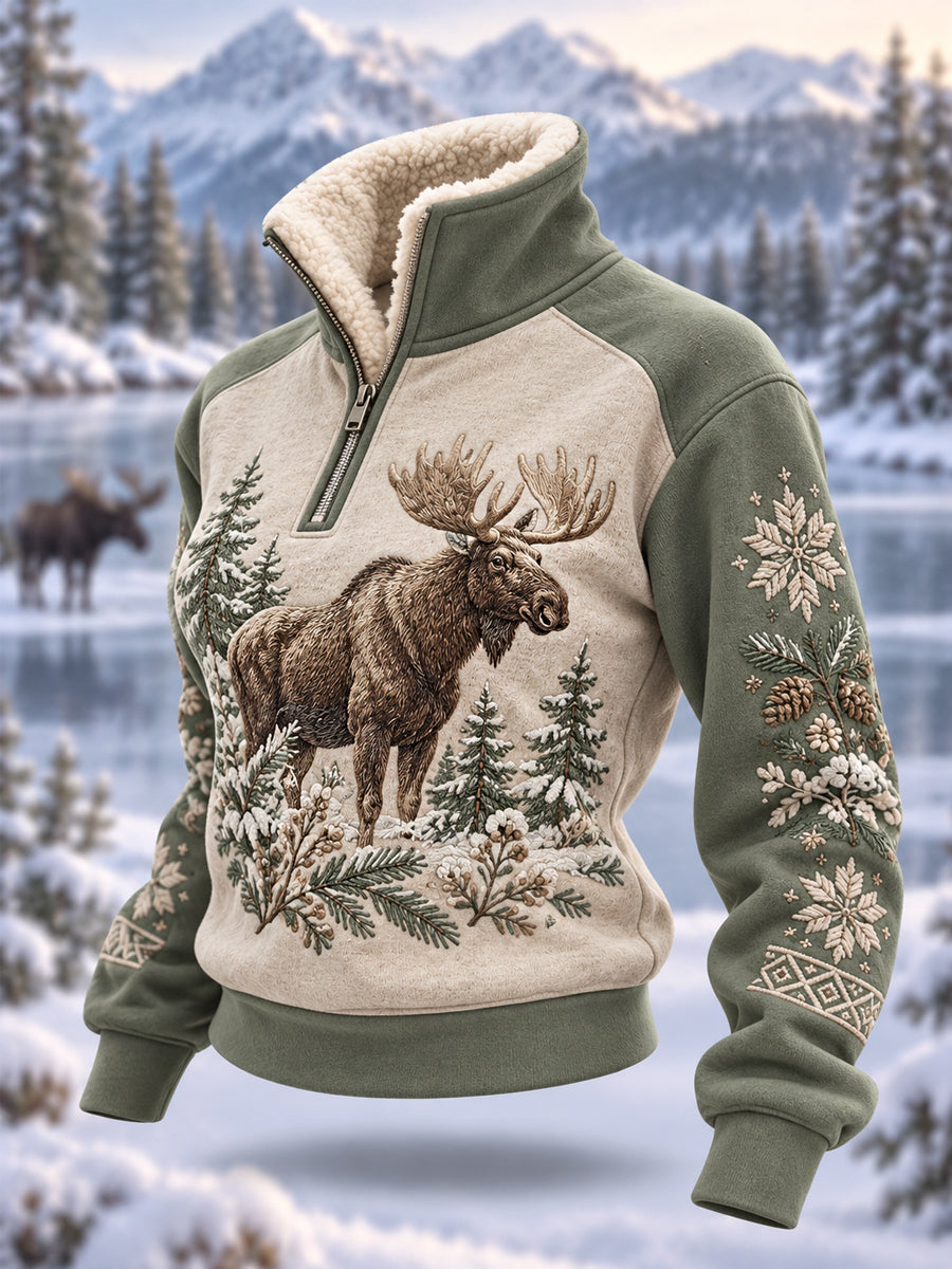 Kvinders vintermønstret casual plys-pullover med lynlås og elgprint
