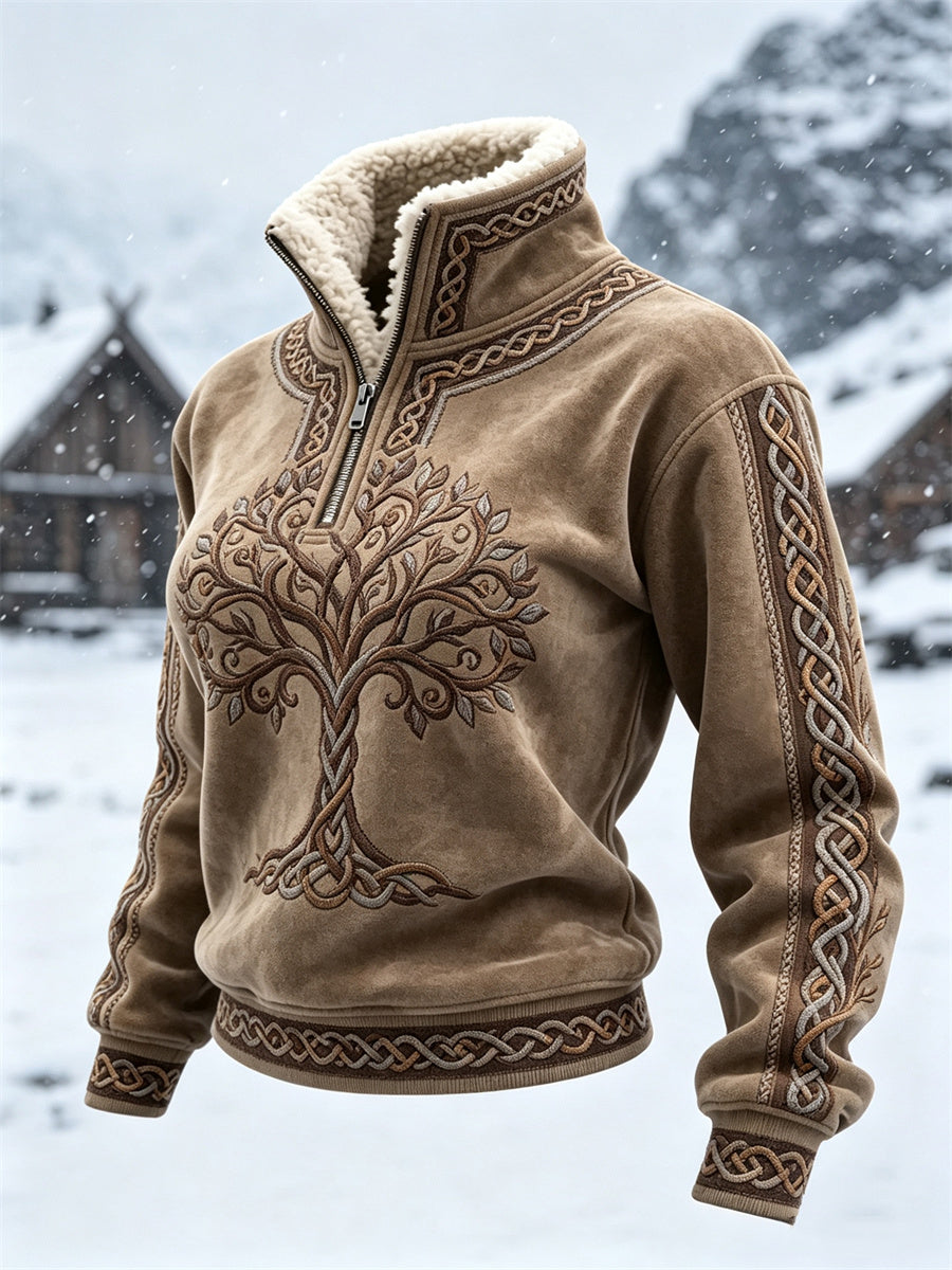 Kvinde Vintage Viking Livets Træ Keltisk Knude Print Hyggelig Pelskrave Top
