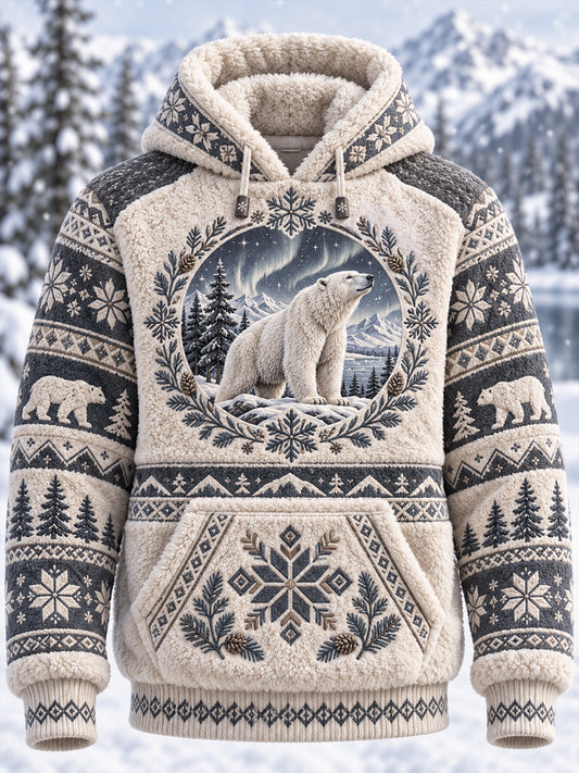 Herre-hættetrøje med nordisk skovdyremotiv og fleecefor