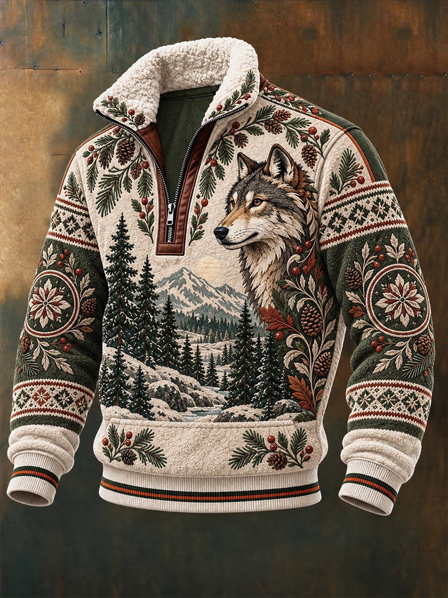 Mænds Nordic Forest Animal Fleece-Lined Stand-Collar Sweatshirt