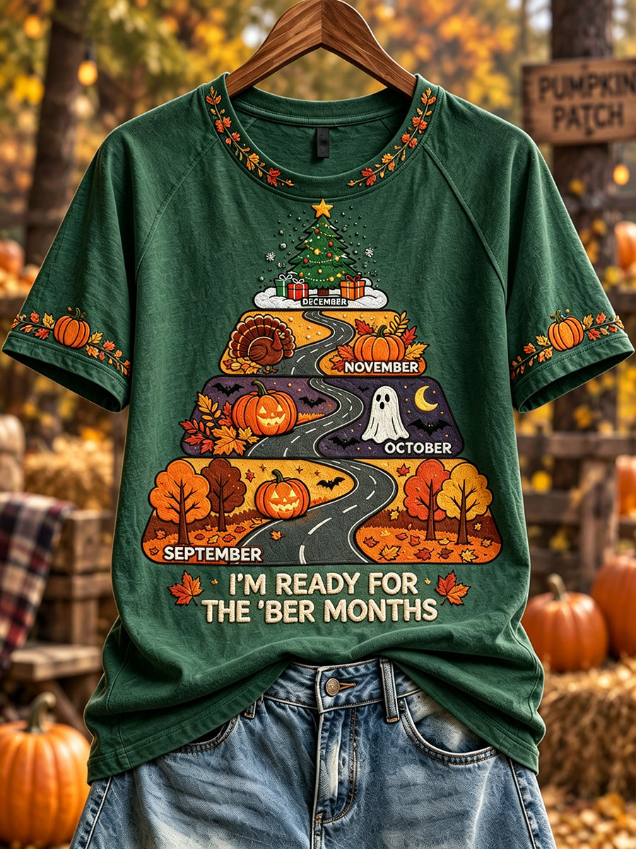Kvinders vintage T-shirt med kort ærme og printet tekst: "Jeg er klar til de kolde måneder"