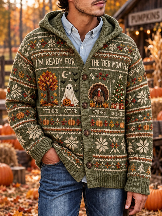 Mænds Vintage Jeg er klar til de 'ber Måneder Print hyggelige hættet cardigan