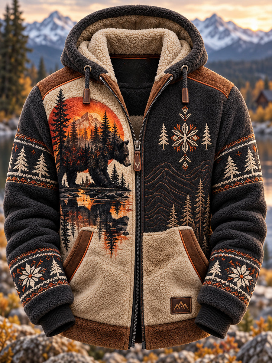 Mænds Nordic Forest Animal Flannel Hooded Jacke