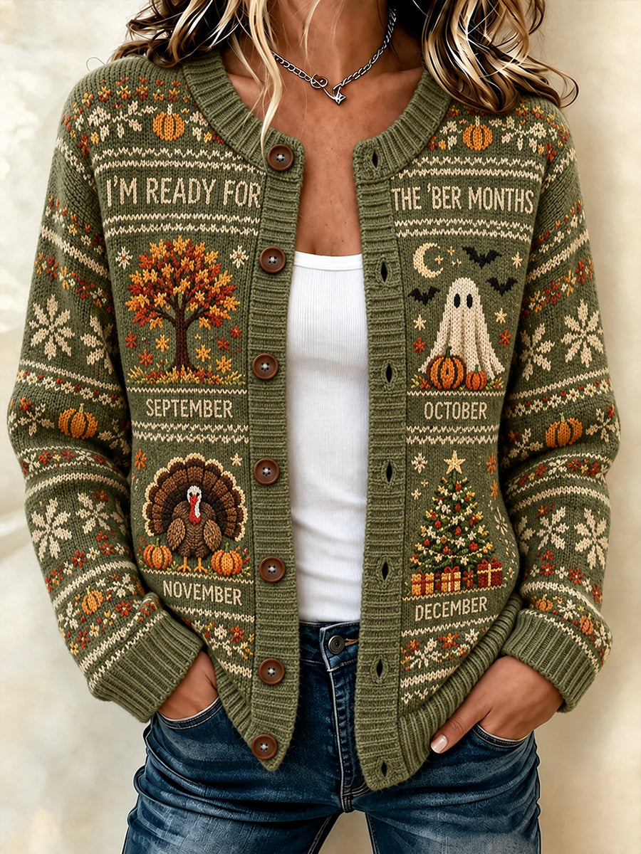 Kvinders Vintage Jeg er klar til 'ber Måneder Print Cardigan-stil strikke jakken