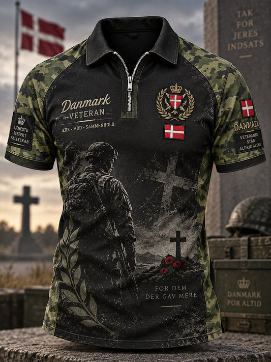 Mænds Vintage Veteran-tema Print Short-ærme zip-front Polo skjorte