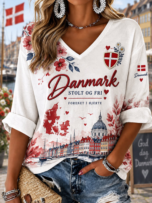 Kvindernes patriotisktæmmede print V-udskæring langærmet top