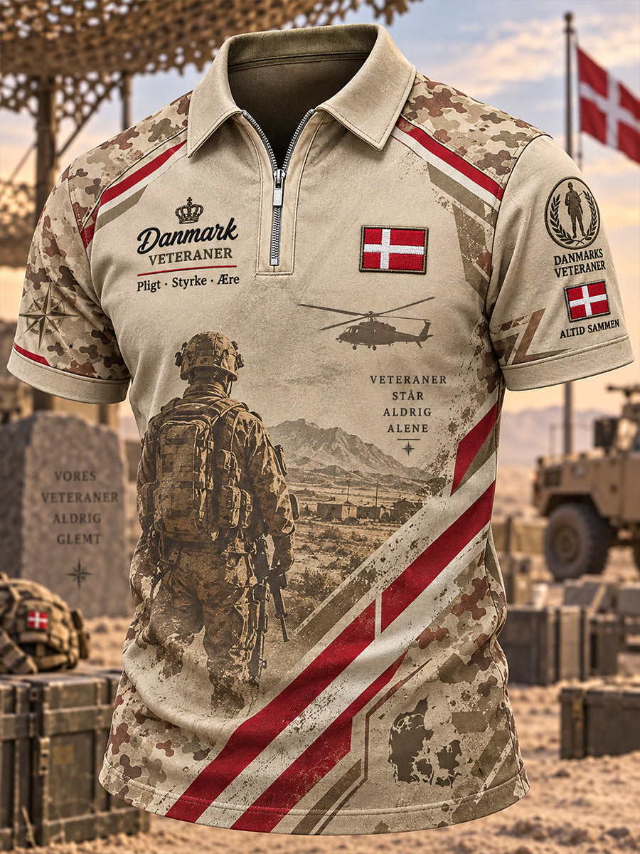 Mænds vintage poloshirt med veteranmotiv, korte ærmer og lynlåslukning i fronten