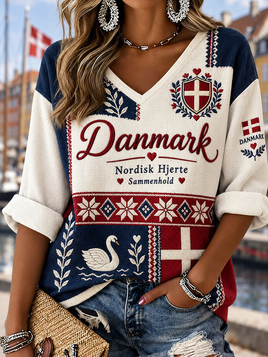 Kvindernes patriotisktæmmede print V-udskæring langærmet top