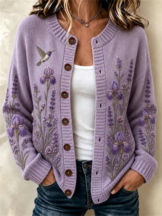Kvinders stilfulde Humming fugl Irises Lavendel lilla blomster Print Cardigan-stil strikke jakken