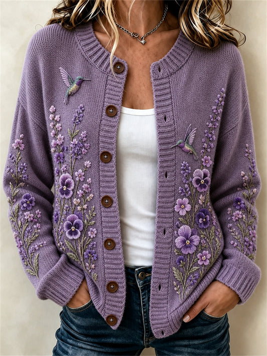 Kvinders stilfulde Humming fugle Pansy Lavendel lilla blomster Print Cardigan-stil strikke jakken