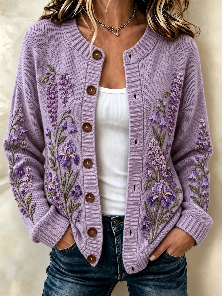 Kvinders stilfulde lilla irises Lavendel Blomster Print Cardigan-Stil Strikke jakken