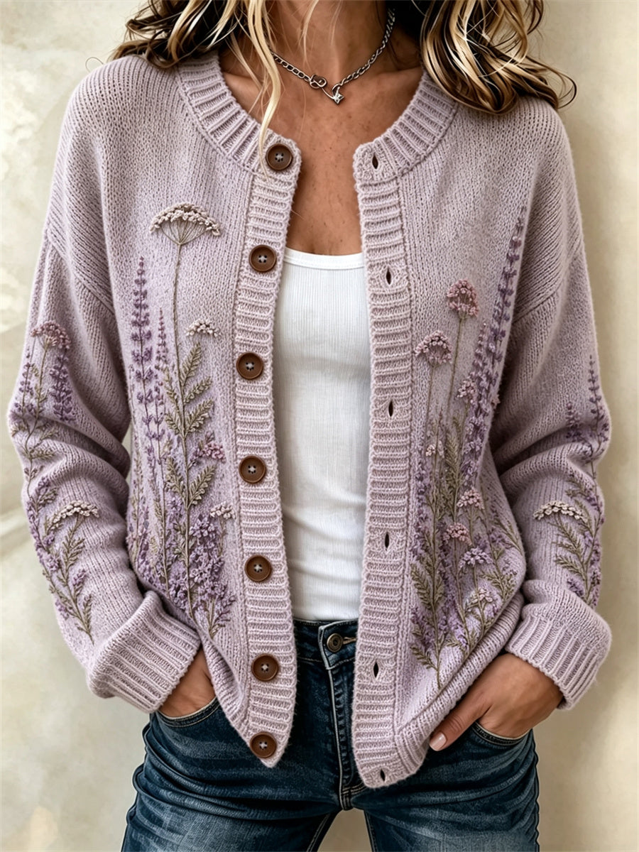 Kvinders stilfulde Lavendel & Mælkebøtte Blomster Print Cardigan-Stil Strikke jakken